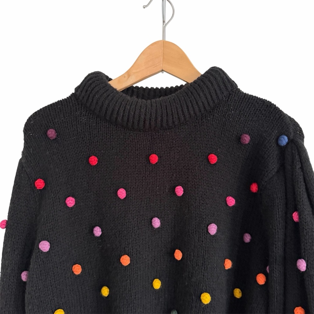 FARM RIO Rainbow Dot Pom Pom Sweater Black & Multicolor - EUC, Large - Picture 7 of 16